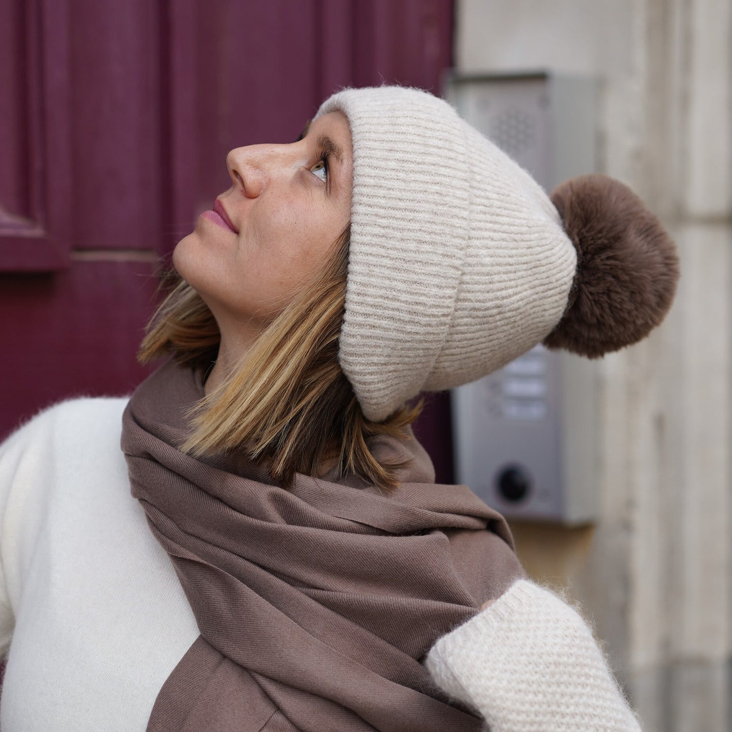 Kaschmir-Trio — Schal + Mütze + Stulpen | Beige und Taupe