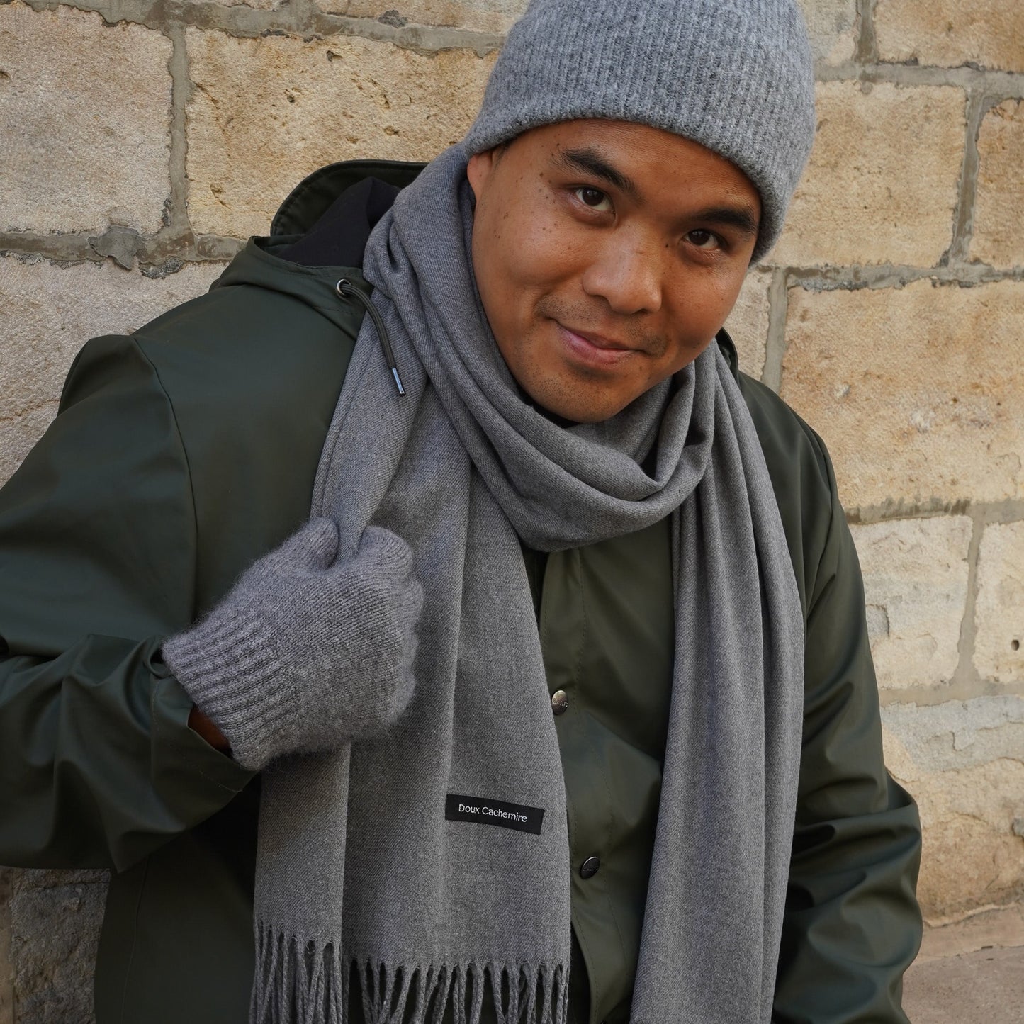 Kaschmir-Trio — Schal + Mütze + Handschuhe | Grau meliert