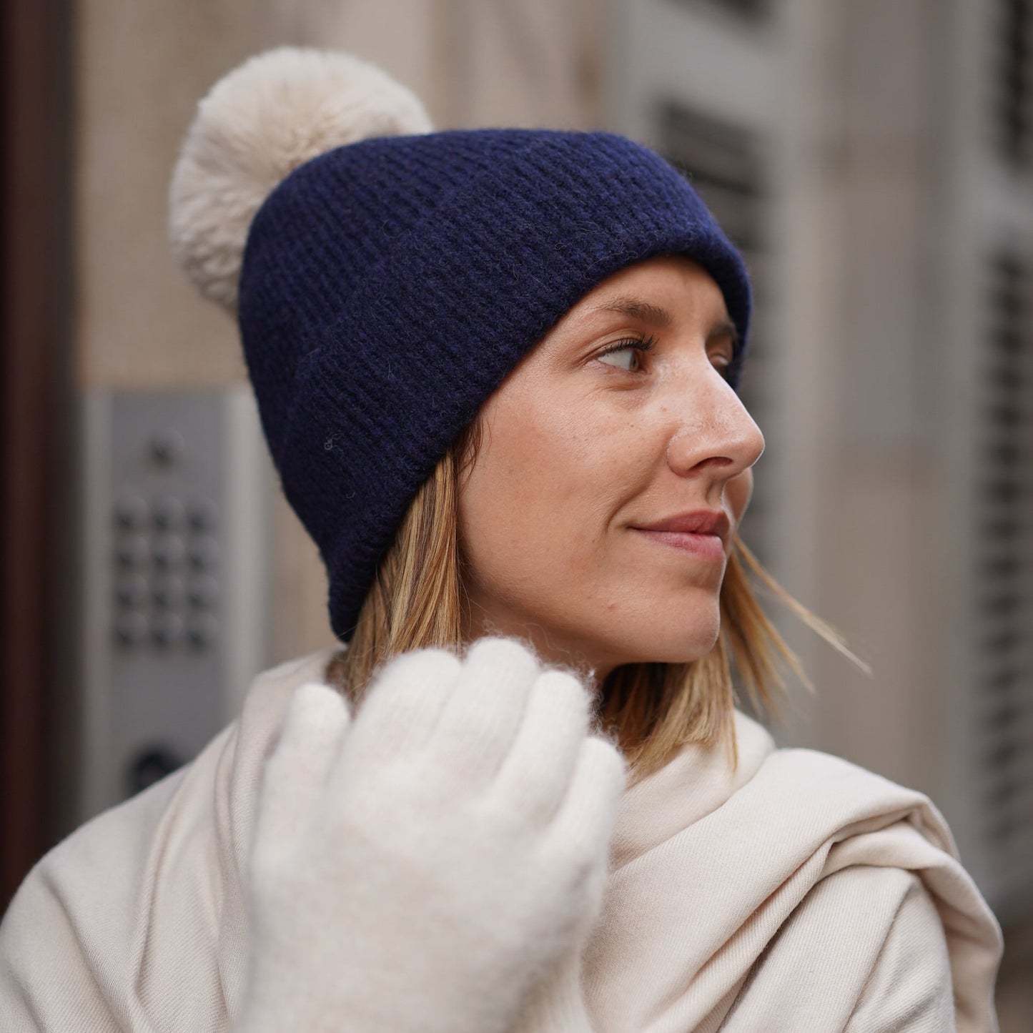 Kaschmir-Trio — Schal + Mütze + Handschuhe | Beige und Marineblau