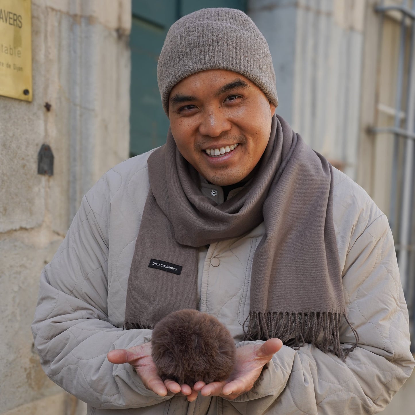 Kaschmir-Trio — Schal + Mütze + Handschuhe | Taupe und Beige