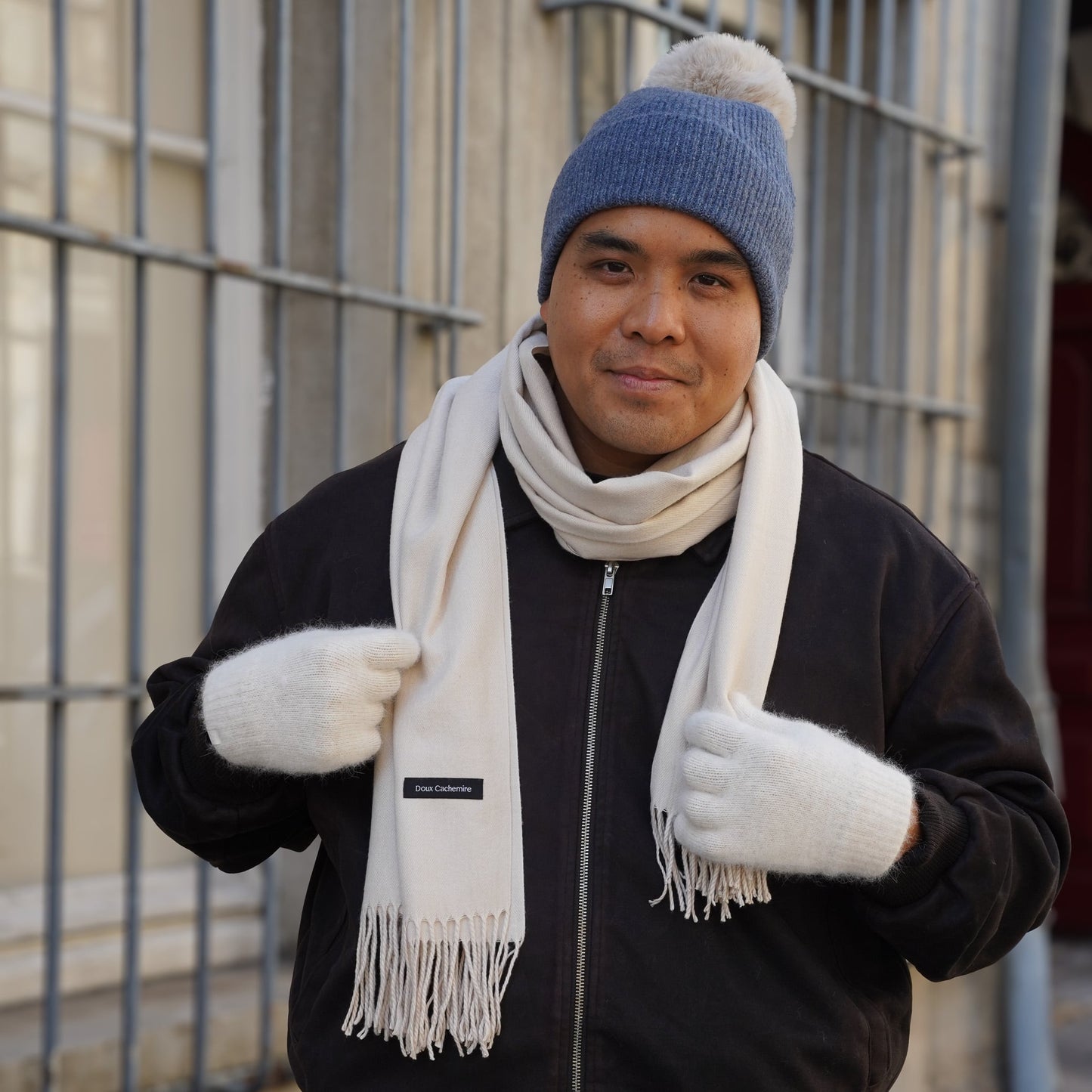 Cashmere trio — scarf + hat + gloves | Beige and heather blue