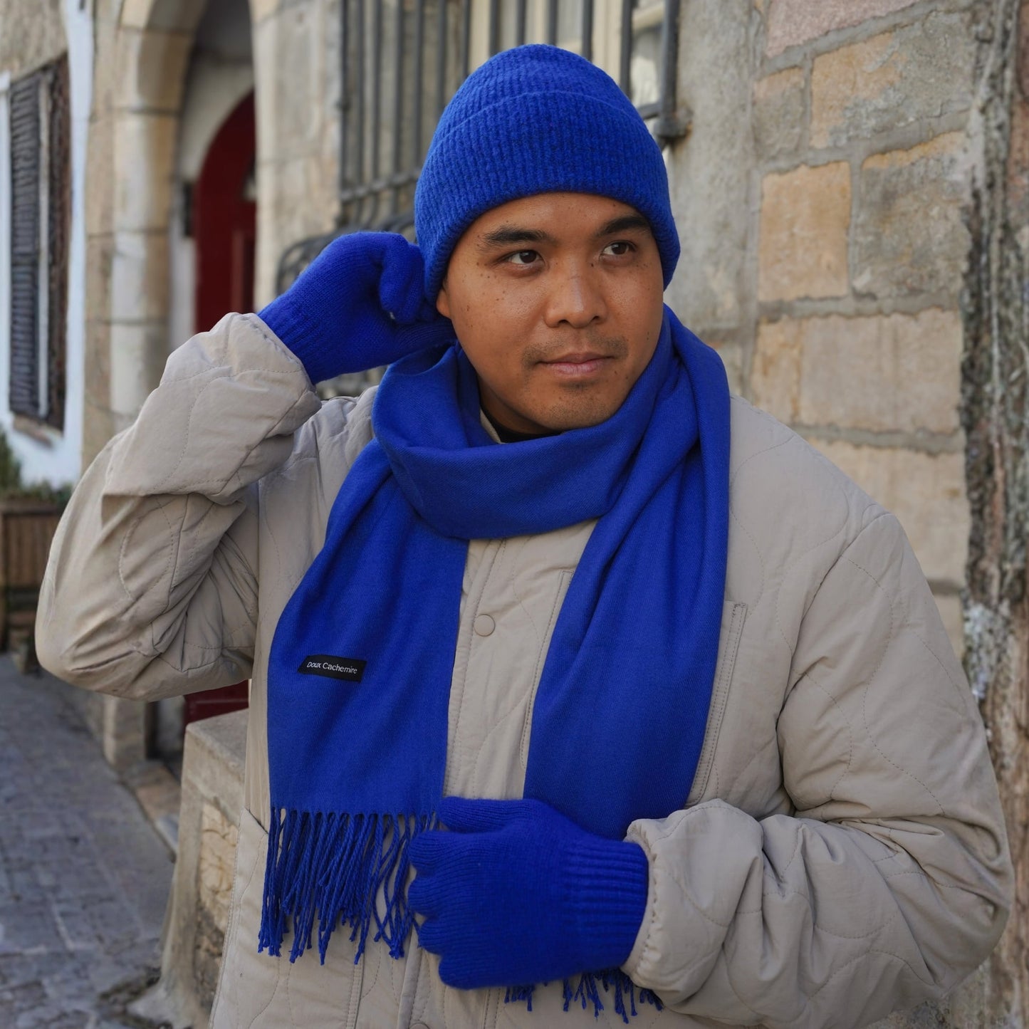 Kaschmir-Trio — Schal + Mütze + Handschuhe | Königsblau