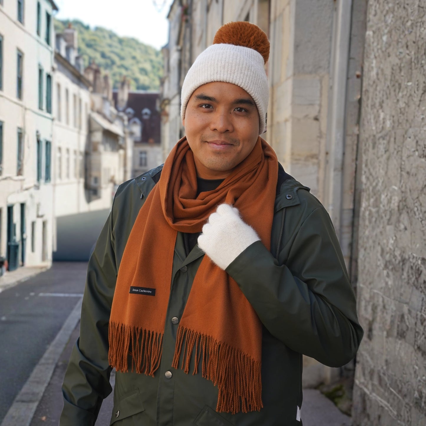 Kaschmir-Trio — Schal + Mütze + Handschuhe | Beige und Kupfer