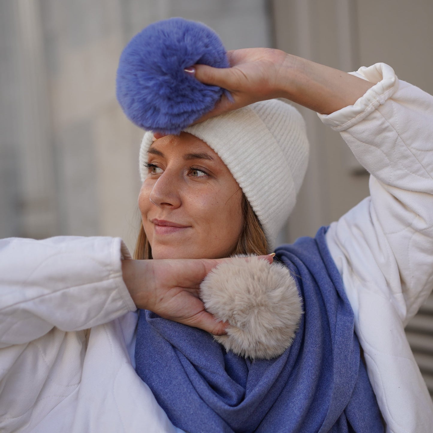 Cashmere Trio — Scarf + Hat + Mittens | Heather blue and ivory