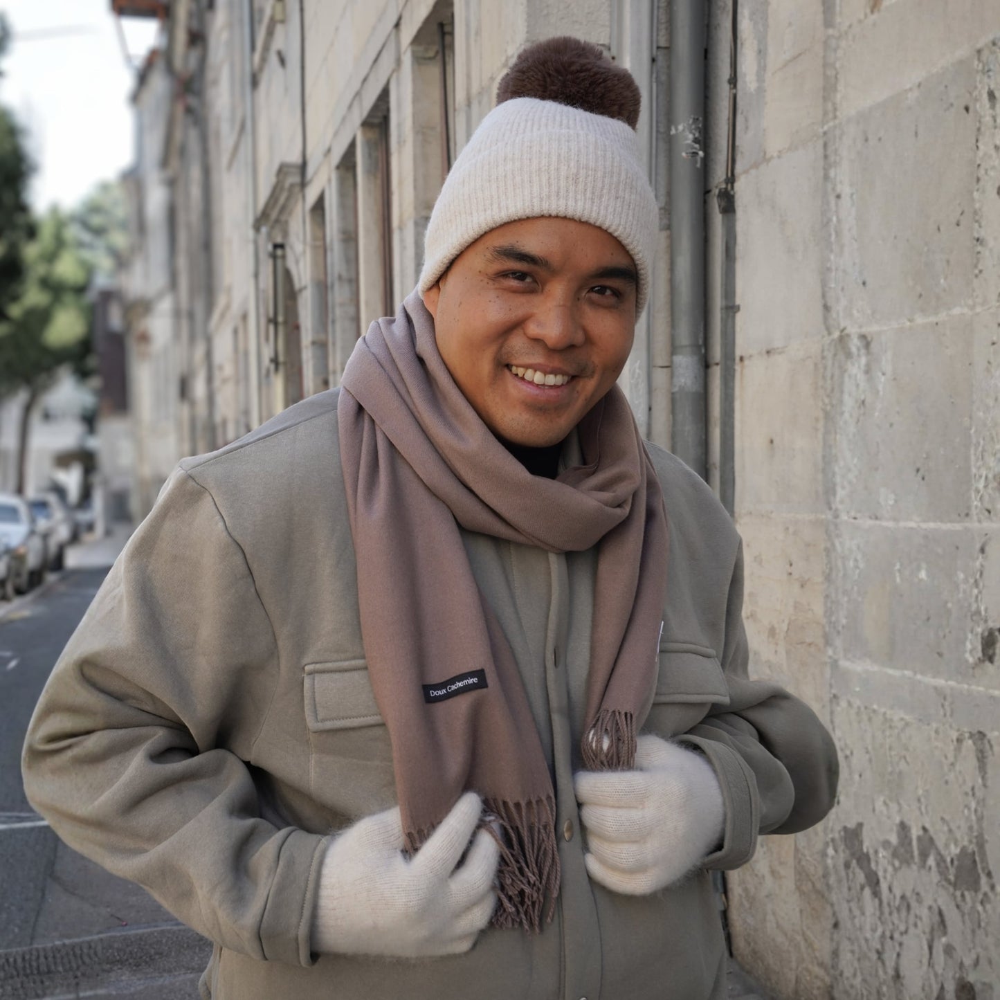 Kaschmir-Trio — Schal + Mütze + Handschuhe | Beige und Taupe