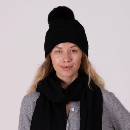 Kaschmirmütze Schwarz mit bommel