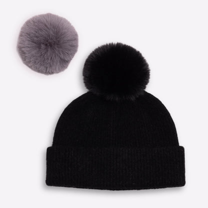 Kaschmirmütze Schwarz mit bommel