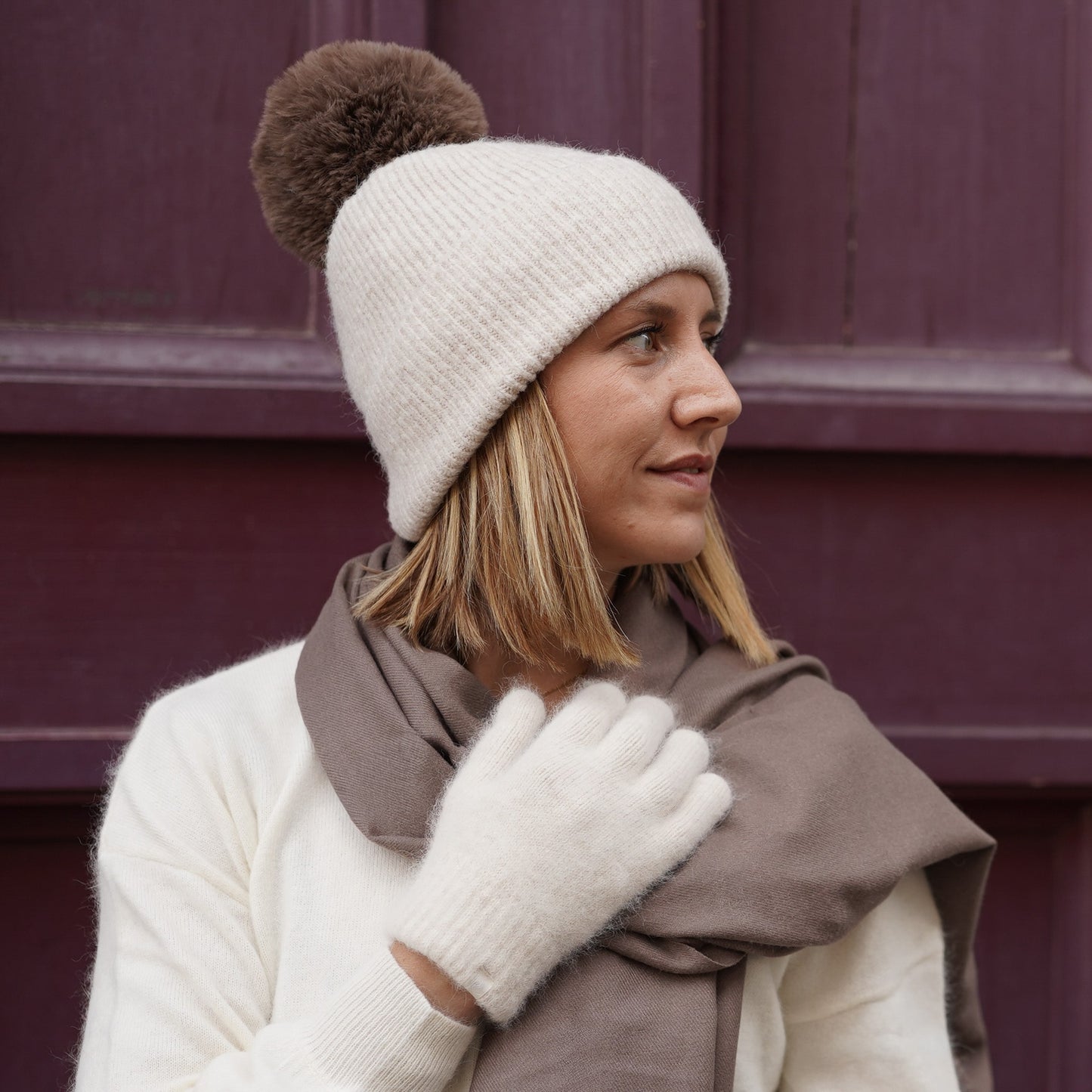 Kaschmir-Trio — Schal + Mütze + Handschuhe | Beige und Taupe