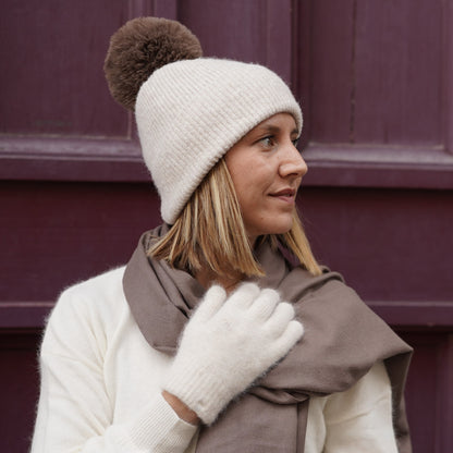 Kaschmir-Trio — Schal + Mütze + Handschuhe | Beige und Taupe
