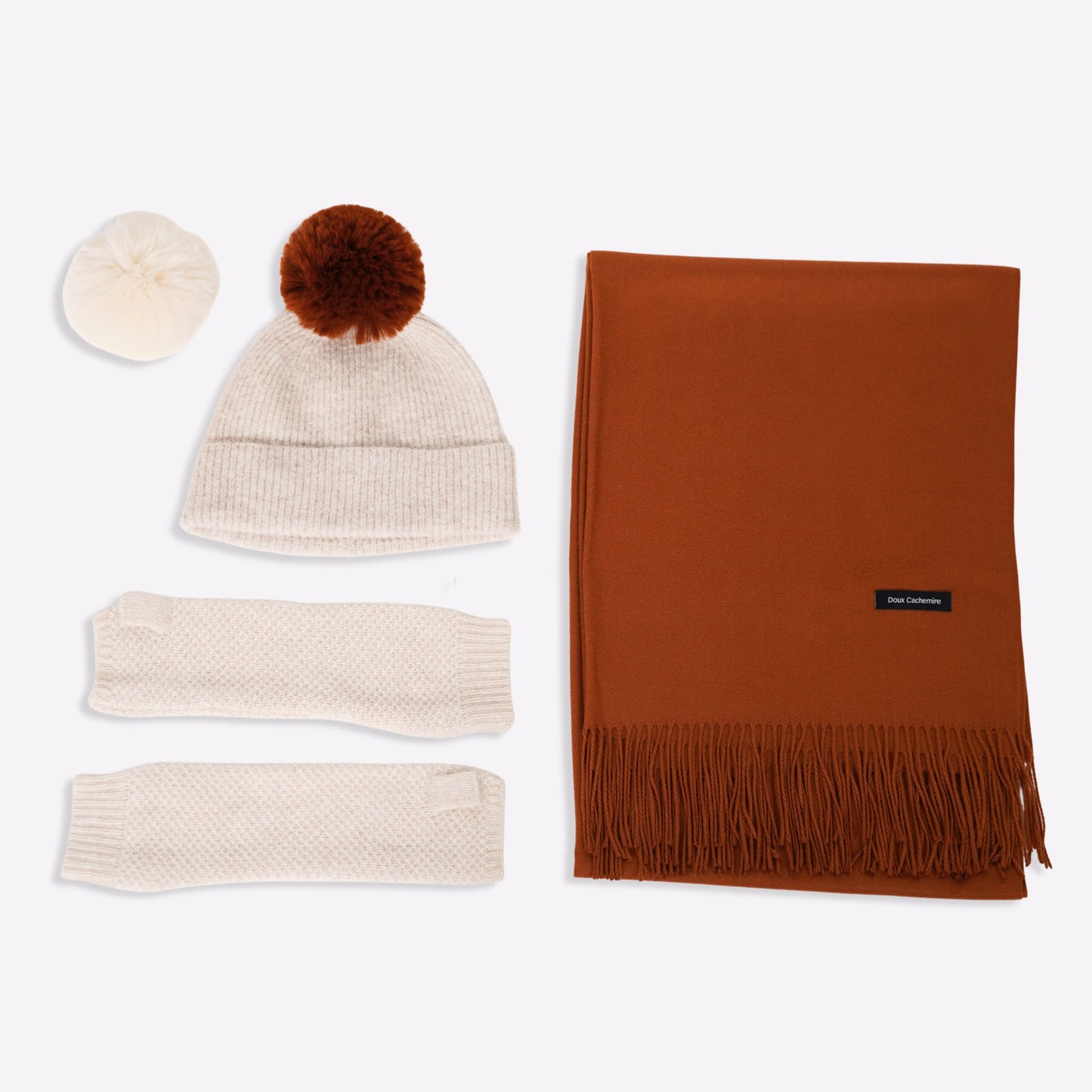 Kaschmir-Trio — Schal + Mütze + Stulpen | Beige und Kupfer