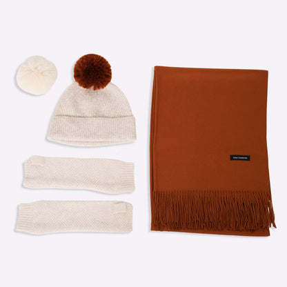 Kaschmir-Trio — Schal + Mütze + Stulpen | Beige und Kupfer