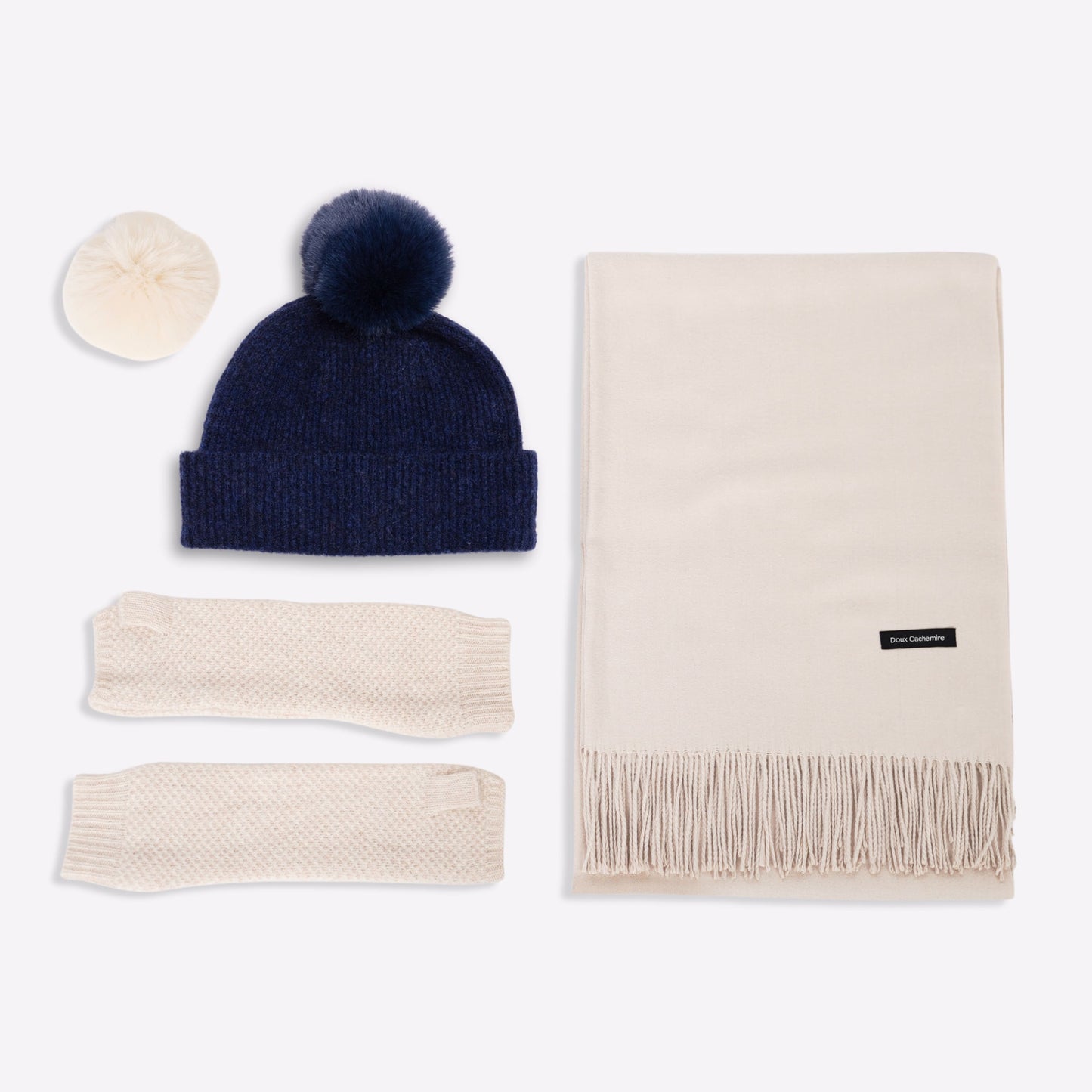 Kaschmir-Trio — Schal + Mütze + Stulpen | Beige und Marineblau