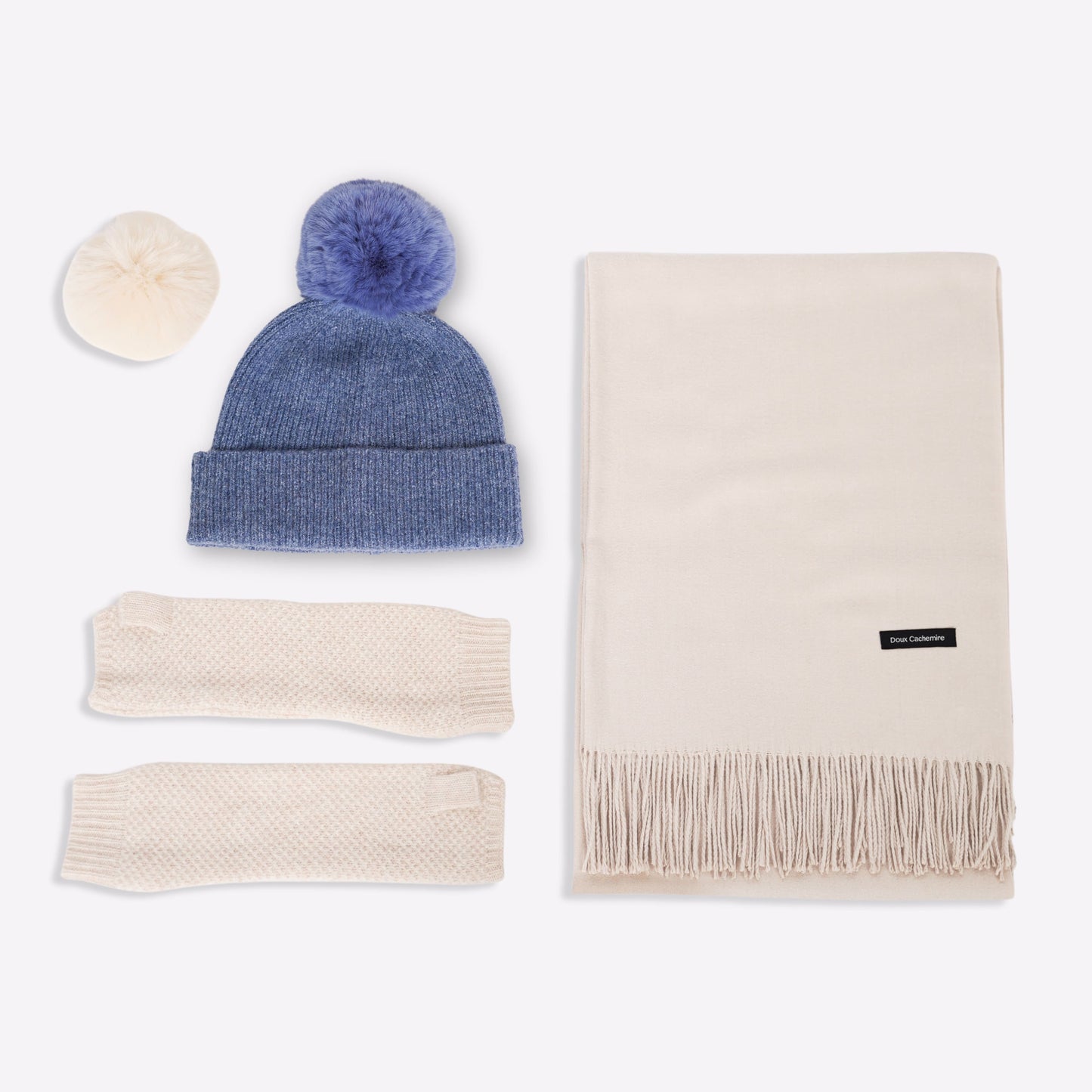 Kaschmir-Trio — Schal + Mütze + Stulpen | Beige und Blau meliert
