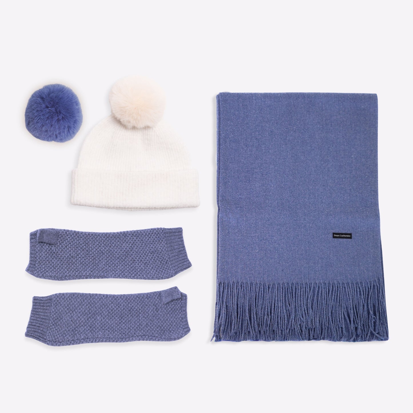 Kaschmir-Trio — Schal + Mütze + Stulpen | Blau meliert und Elfenbein