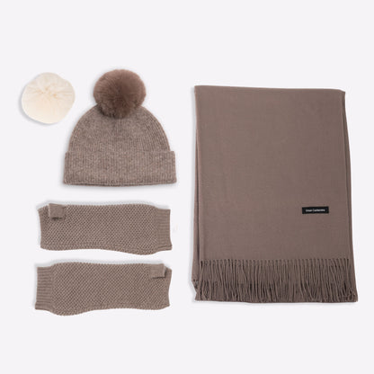 Kaschmir-Trio — Schal + Mütze + Stulpen | Taupe