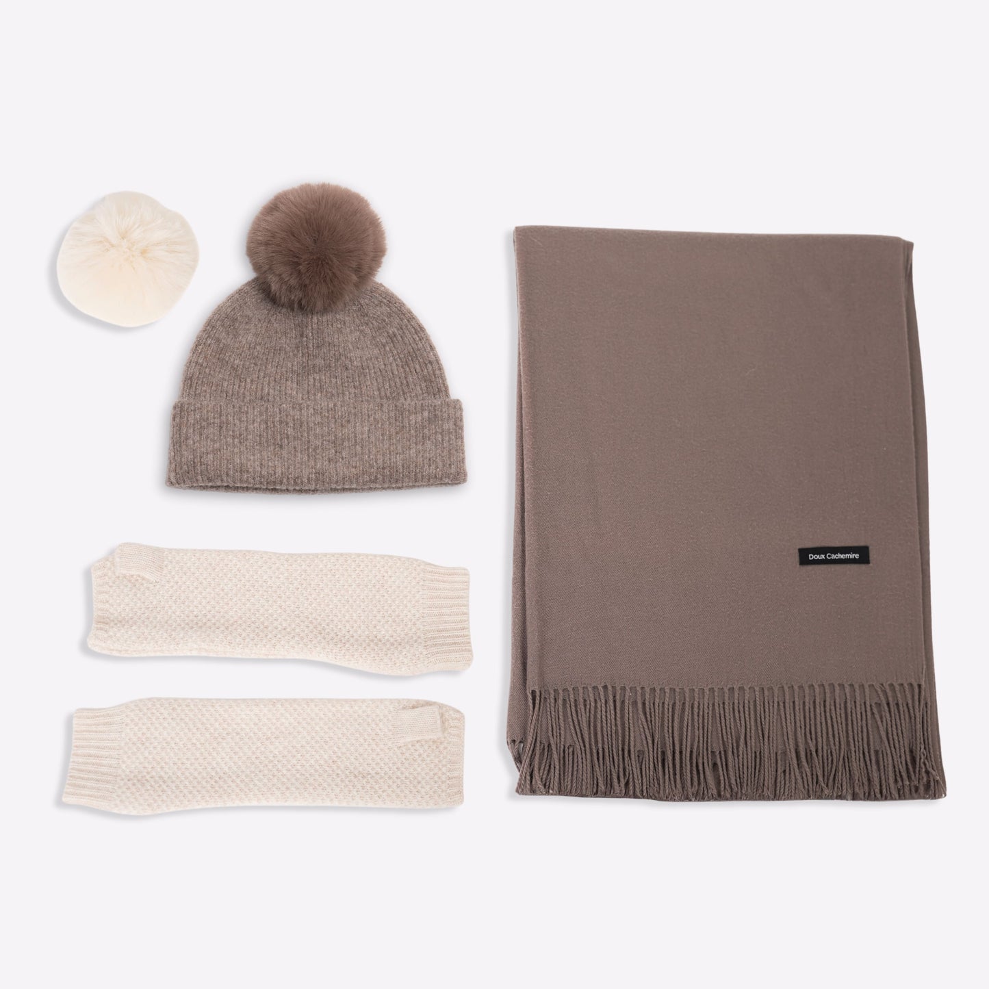Kaschmir-Trio — Schal + Mütze + Stulpen | Taupe und Beige