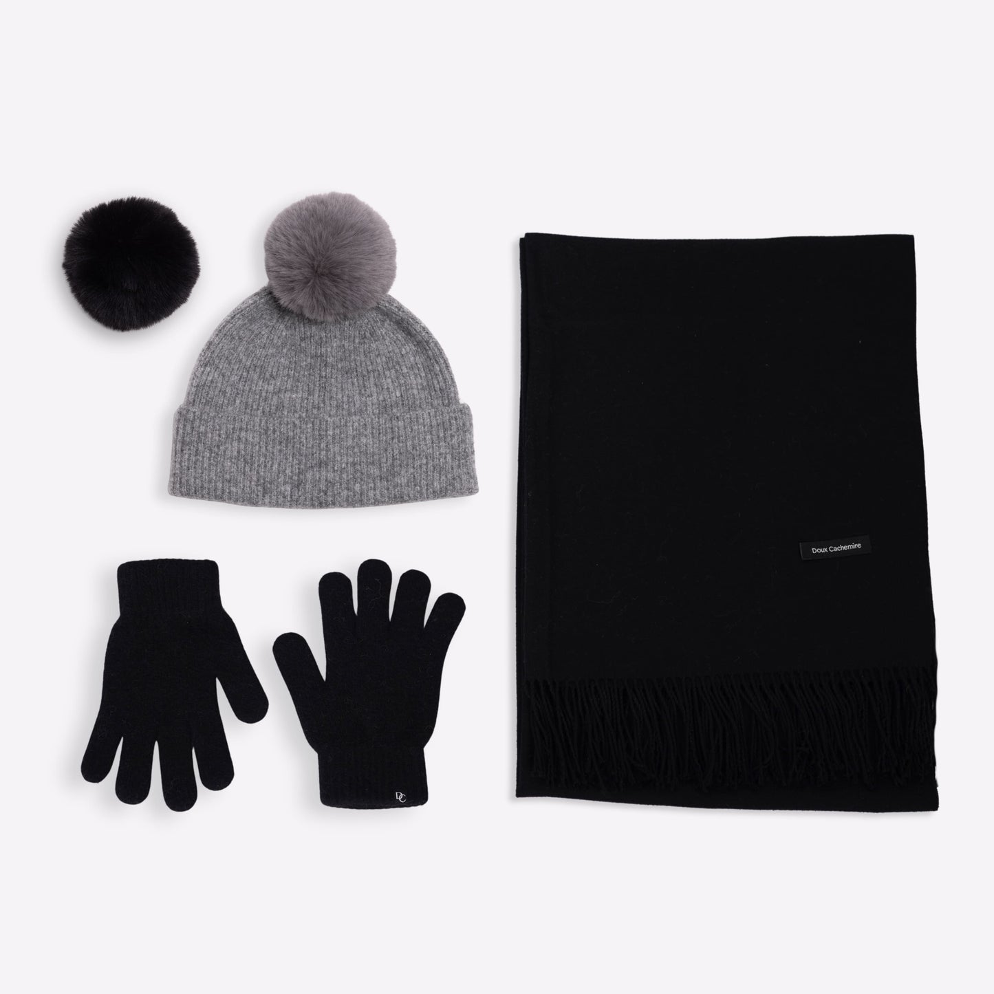 Kaschmir-Trio — Schal + Mütze + Handschuhe | Schwarz und Grau meliert