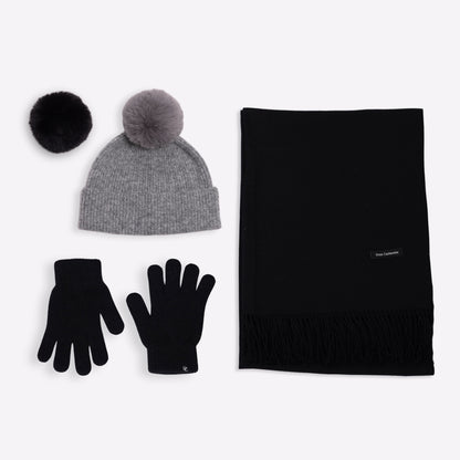 Kaschmir-Trio — Schal + Mütze + Handschuhe | Schwarz und Grau meliert