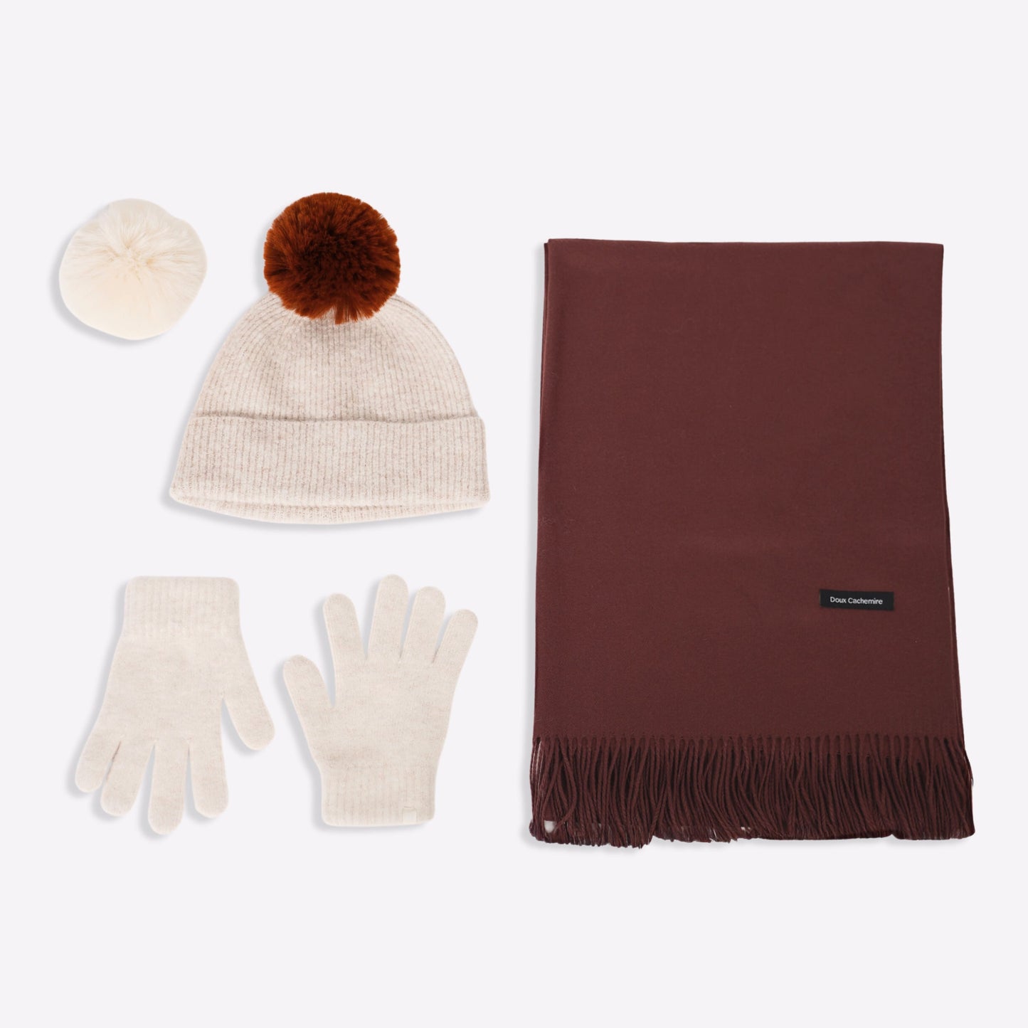 Kaschmir-Trio — Schal + Mütze + Handschuhe | Beige und Braun