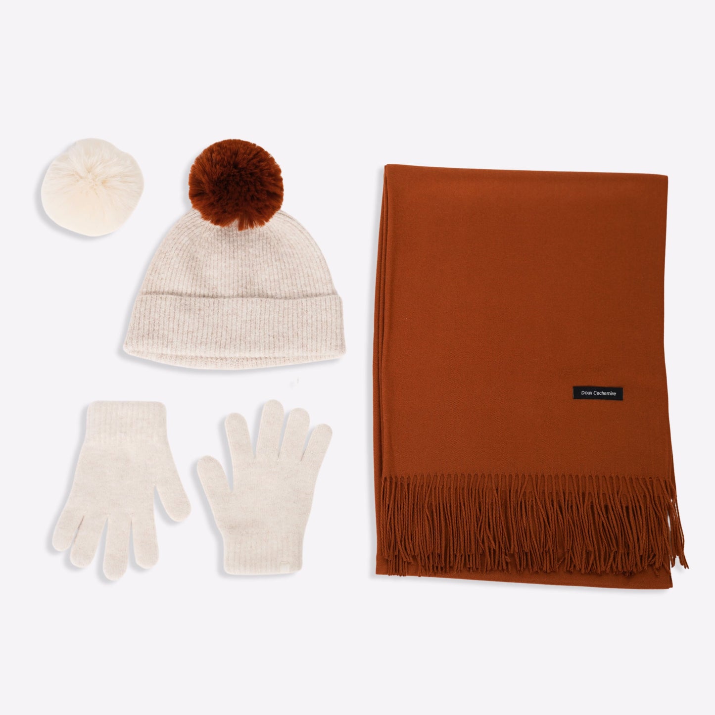 Kaschmir-Trio — Schal + Mütze + Handschuhe | Beige und Kupfer