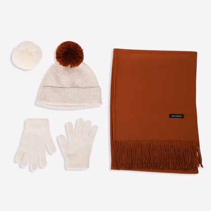 Kaschmir-Trio — Schal + Mütze + Handschuhe | Beige und Kupfer
