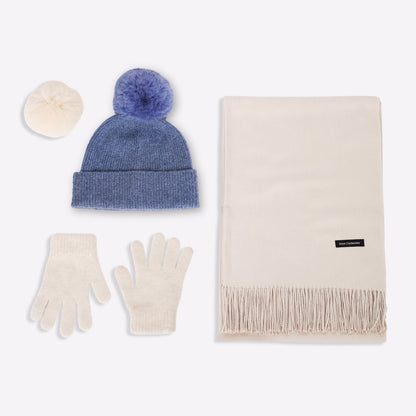 Kaschmir-Trio — Schal + Mütze + Handschuhe | Beige und Blau meliert