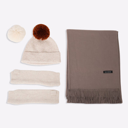 Kaschmir-Trio — Schal + Mütze + Stulpen | Beige und Taupe