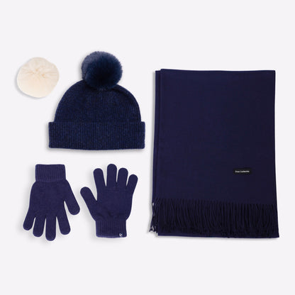 Kaschmir-Trio — Schal + Mütze + Handschuhe | Marineblau