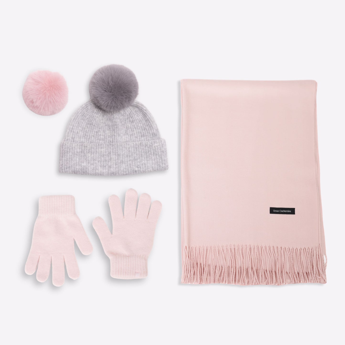 Kaschmir-Trio — Schal + Mütze + Handschuhe | Puderrosa und Grau meliert