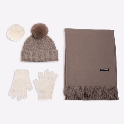 Kaschmir-Trio — Schal + Mütze + Handschuhe | Taupe und Beige