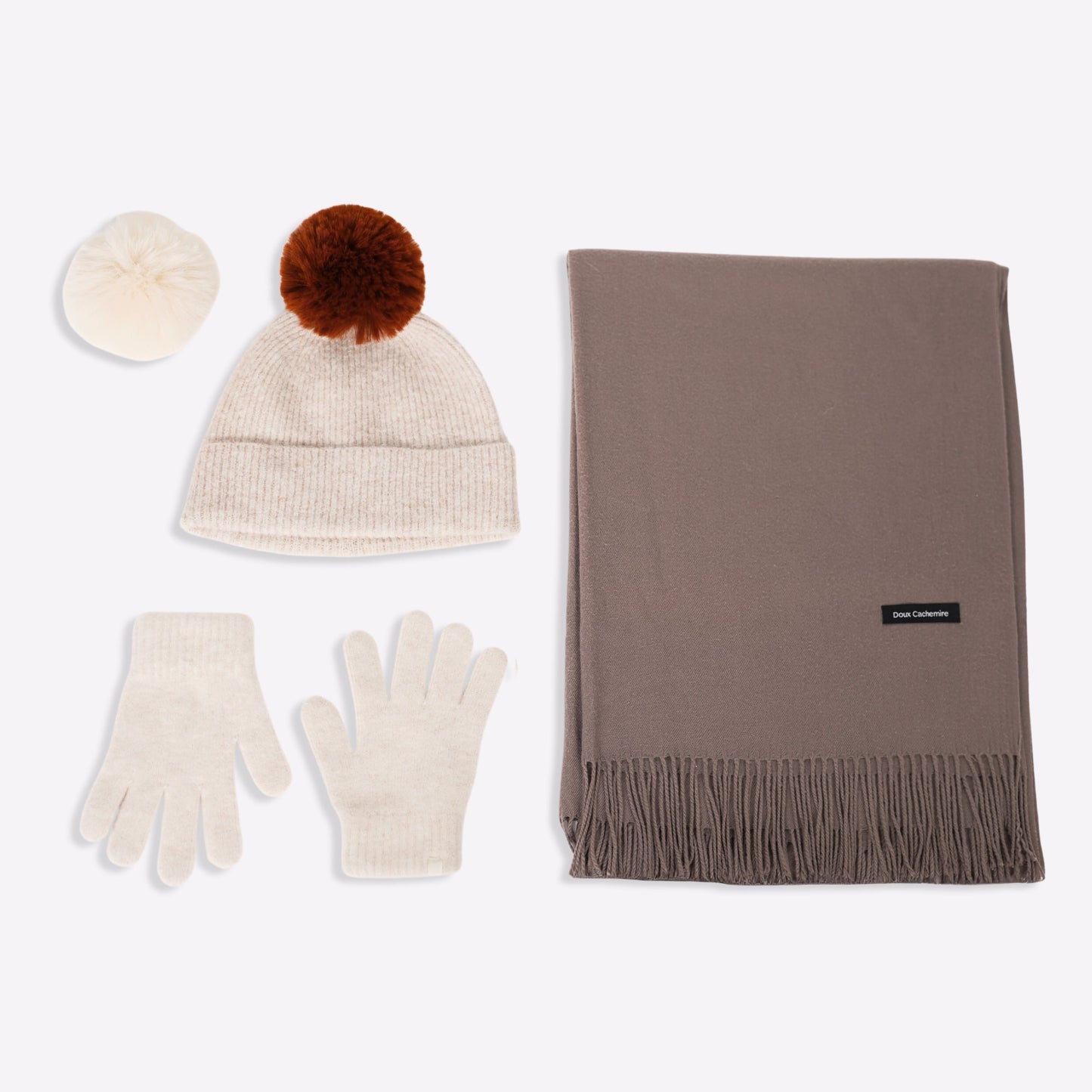Kaschmir-Trio — Schal + Mütze + Handschuhe | Beige und Taupe