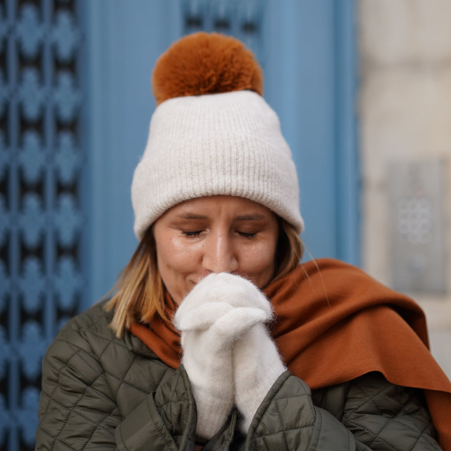 Kaschmir-Trio — Schal + Mütze + Handschuhe | Beige und Kupfer