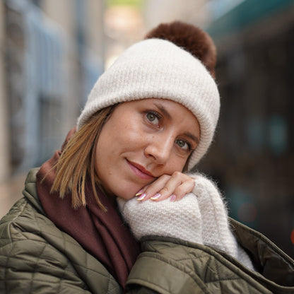 Cashmere trio — scarf + hat + mittens | Beige and brown