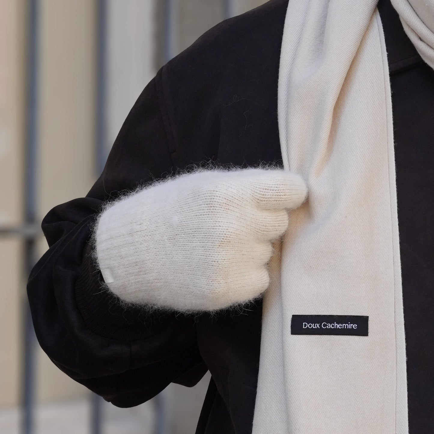 Kaschmir-Trio — Schal + Mütze + Handschuhe | Beige und Blau meliert