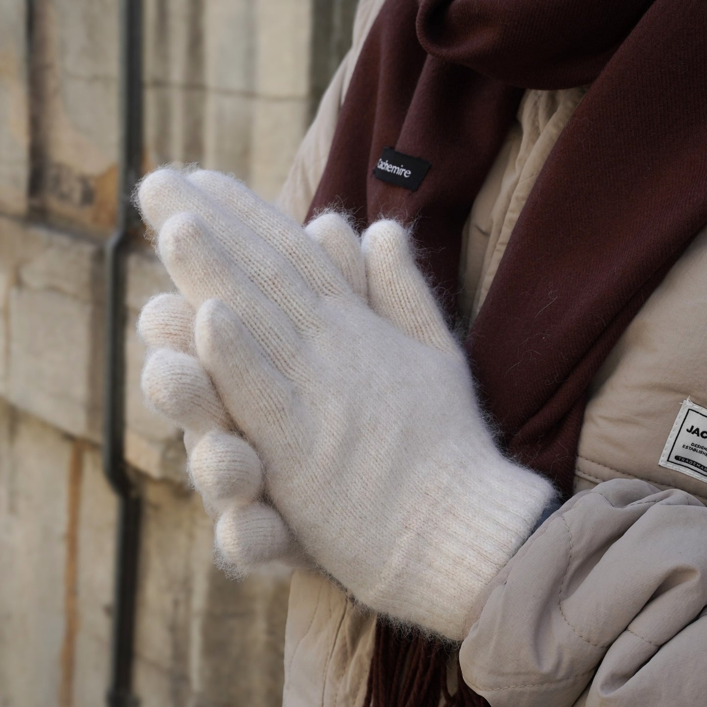 Cashmere trio — scarf + hat + gloves | Beige and brown