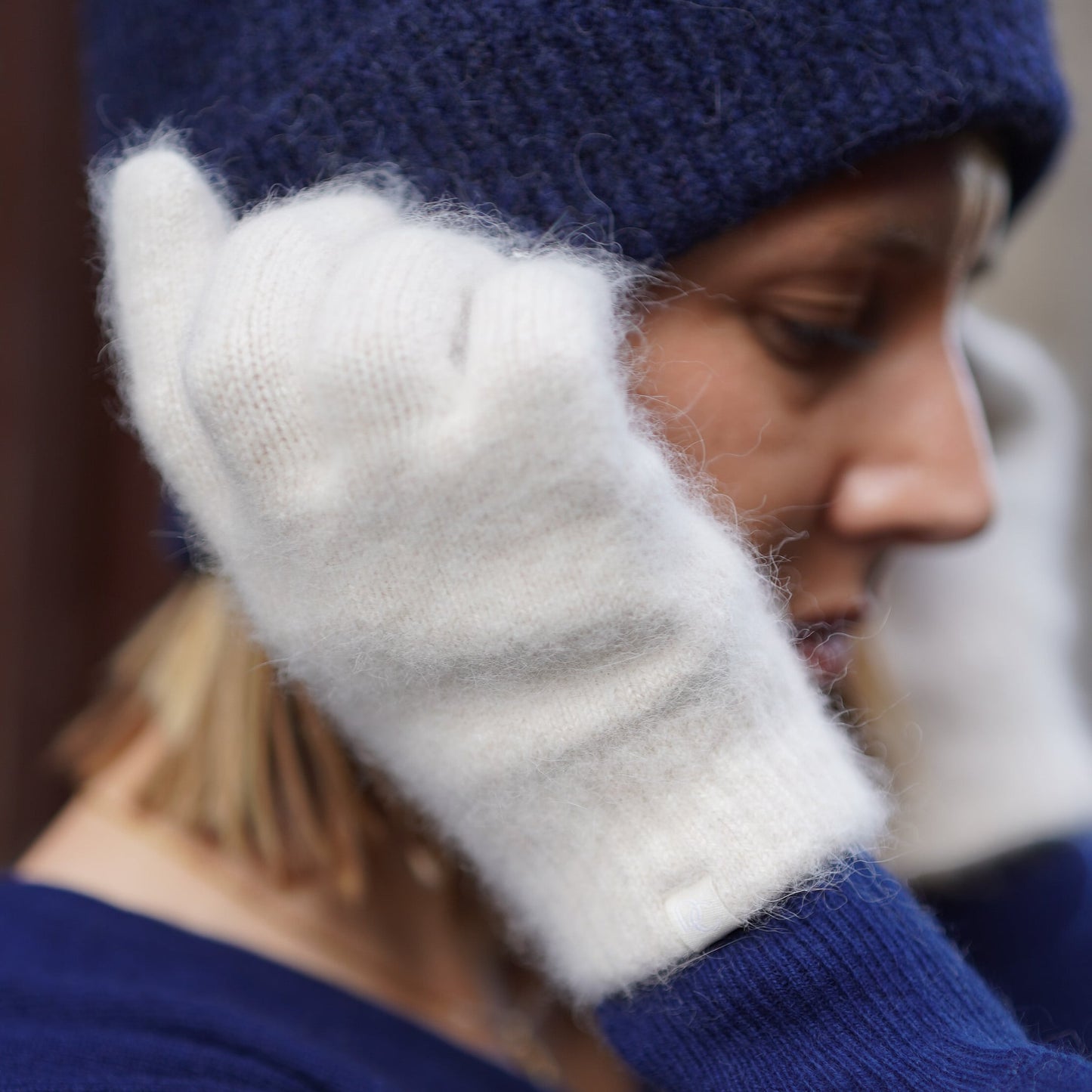 Kaschmir-Trio — Schal + Mütze + Handschuhe | Beige und Marineblau