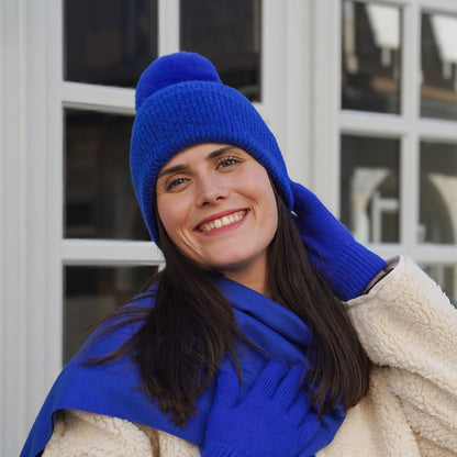 Royal blue cashmere hat with pom-pom