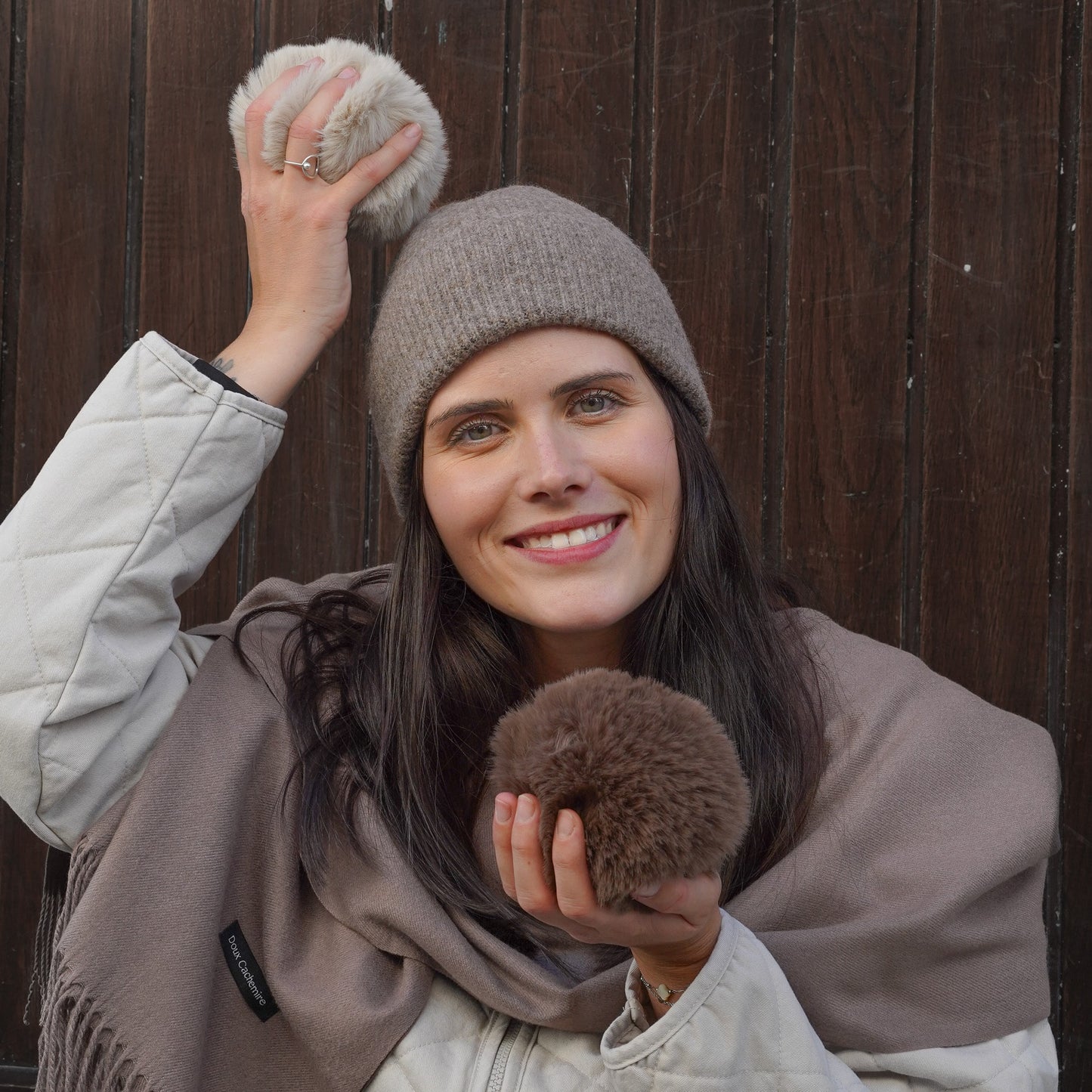 Cashmere trio — scarf + hat + mittens | Taupe and beige