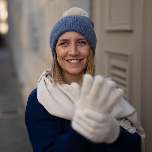 Cashmere trio — scarf + hat + gloves | Beige and heather blue