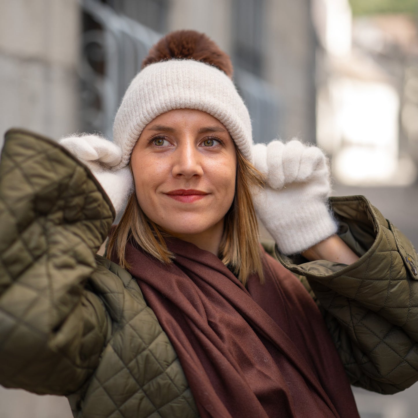 Cashmere trio — scarf + hat + gloves | Beige and brown