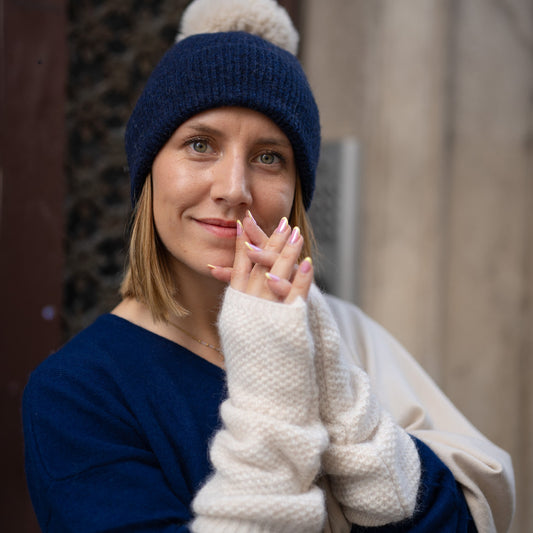 Cashmere trio — scarf + hat + mittens | Beige and navy blue