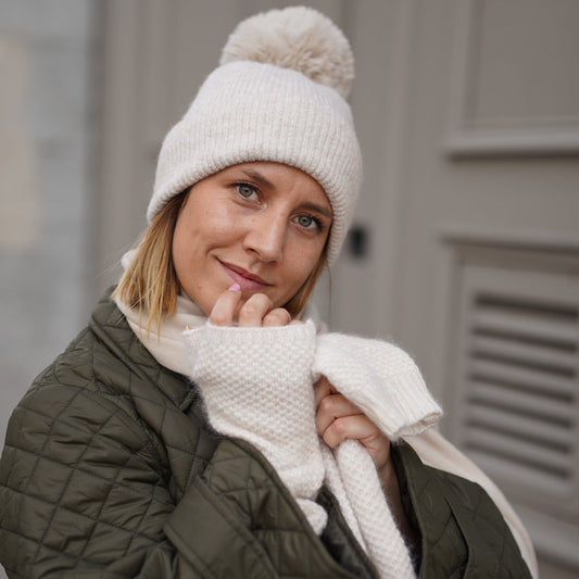Cashmere trio — scarf + hat + mittens | Beige