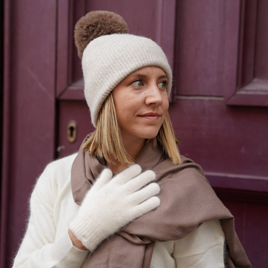 Cashmere trio — scarf + hat + gloves | Beige and taupe