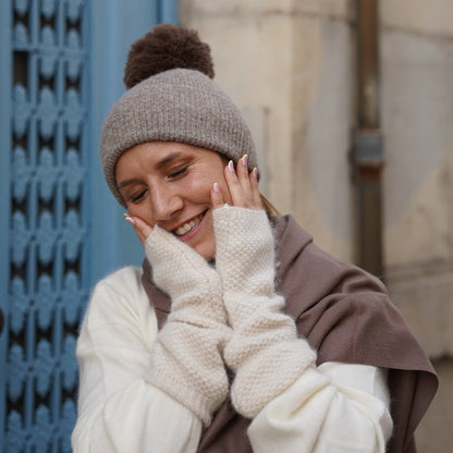 Cashmere trio — scarf + hat + mittens | Taupe and beige