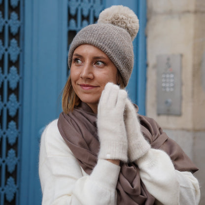 Cashmere trio — scarf + hat + gloves | Taupe and beige