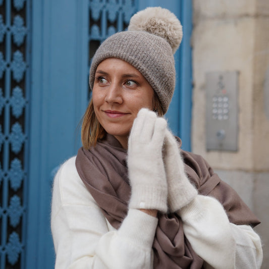 Cashmere trio — scarf + hat + gloves | Taupe and beige