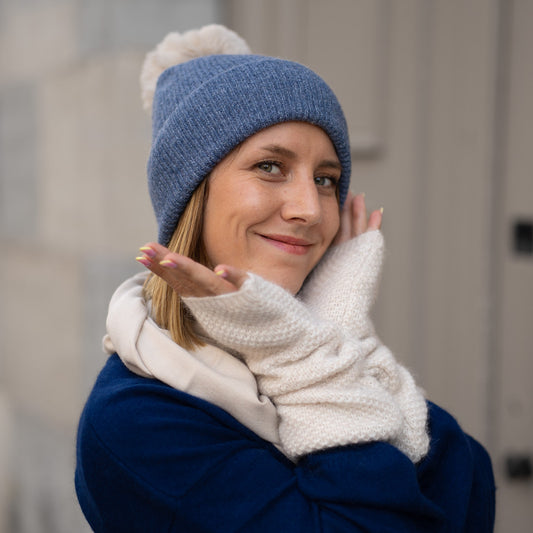 Cashmere trio — scarf + hat + mittens | Beige and heather