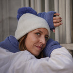 Cashmere Trio — Scarf + Hat + Mittens | Heather blue and ivory
