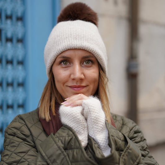 Cashmere trio — scarf + hat + mittens | Beige and brown