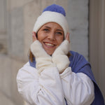 Kaschmir-Trio — Schal + Mütze + Stulpen | Elfenbein und Blau meliert